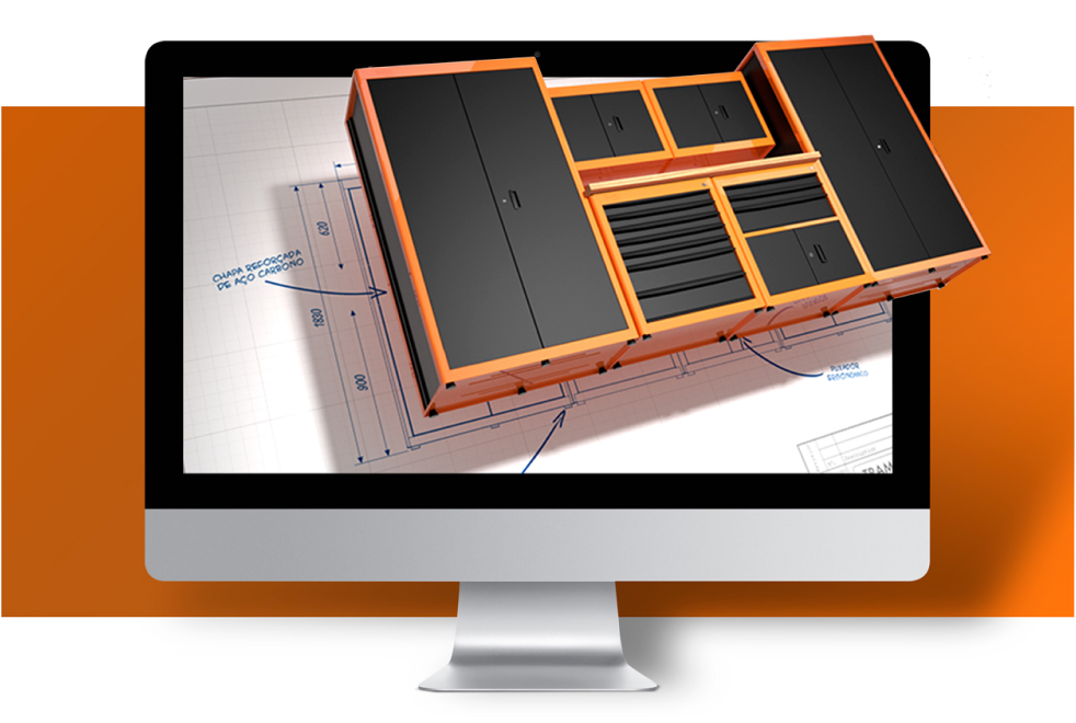 A monitor with an image of Tramontina PRO cabinets and organizers.