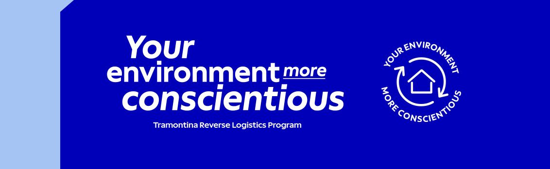 Blue banner for the Tramontina Reverse Logistics Program. The text reads 'Your environment more conscientious'. To the right, a circular logo features a house icon surrounded by recycling arrows, symbolizing sustainable home waste management.