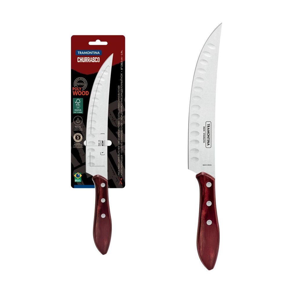 Cuchillo para Carne Butcher Tramontina con Lámina de Acero Inoxidable y Mango en Madera Tratada Polywood Rojo 8"