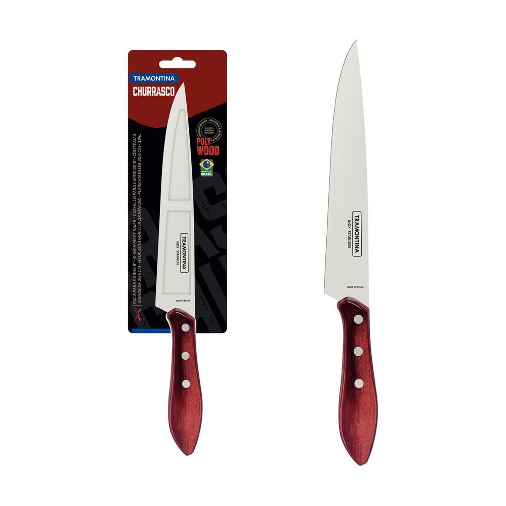 Cuchillo para Carne Tramontina con Lámina de Acero Inoxidable y Mango de Madera Tratada Polywood Rojo 8"