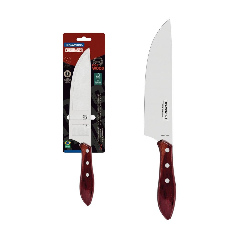 Cuchillo para Carne Tramontina con Lámina de Acero Inoxidable y Mango de Madera Tratada Polywood Rojo 8"