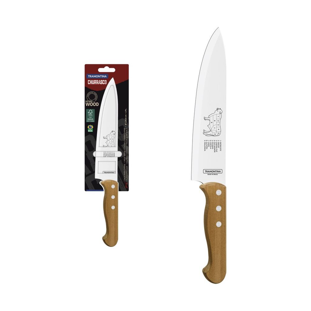 Cuchillo para Carne Tramontina Churrasco con Láminas de Acero Inoxidable y Mango de Madera Natural 8"