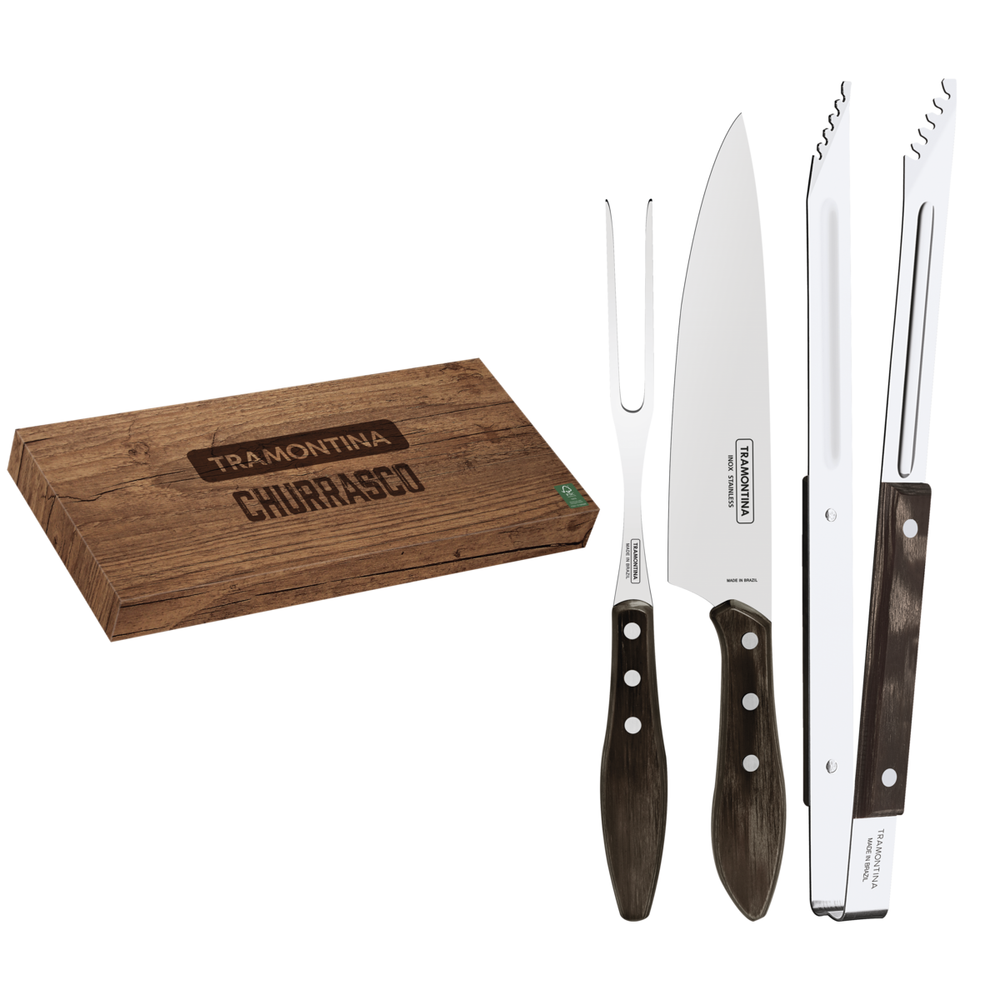 Tramontina 3-Piece Carving Set with Stainless Steel Blades and Brown Treated Polywood Handles