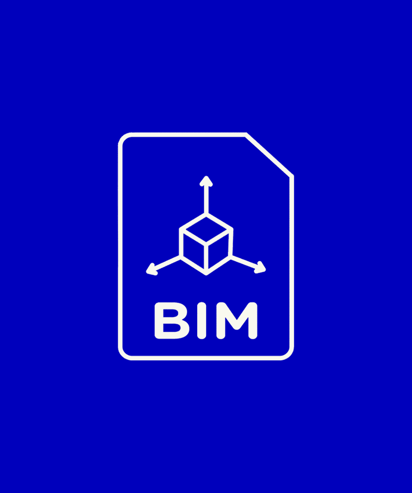 Ícone linear branco sobre fundo azul royal representando um arquivo digital. No centro, a ilustração de um cubo com eixos cartesianos (x, y, z) e a sigla BIM logo abaixo.