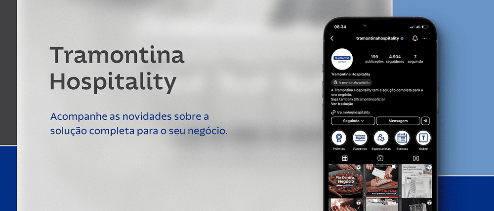 Imagem da página do Instagram da Tramontina Hospitality em destaque, com convite para acompanhar novidades voltadas a negócios.