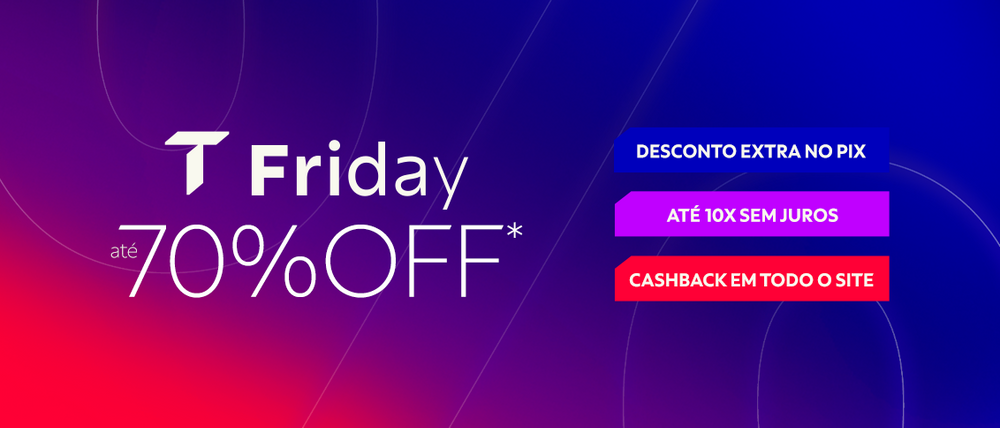 Banner promocional horizontal em fundo degradê vermelho e azul com a frase "Aquece T Friday Descontos quentíssimos!" acompanhada das vantagens "+5% OFF À VISTA", "ATÉ 10X SEM JUROS" e "CASHBACK".