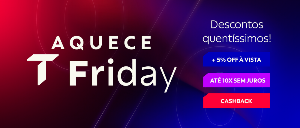 Banner promocional horizontal em fundo degradê vermelho e azul com a frase "Aquece T Friday Descontos quentíssimos!" acompanhada das vantagens "+5% OFF À VISTA", "ATÉ 10X SEM JUROS" e "CASHBACK".