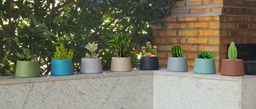 Conjunto de 8 vasos de plantas coloridos, com diferentes tipos de plantas, em uma parede de pedra com um fundo de parede de tijolos.