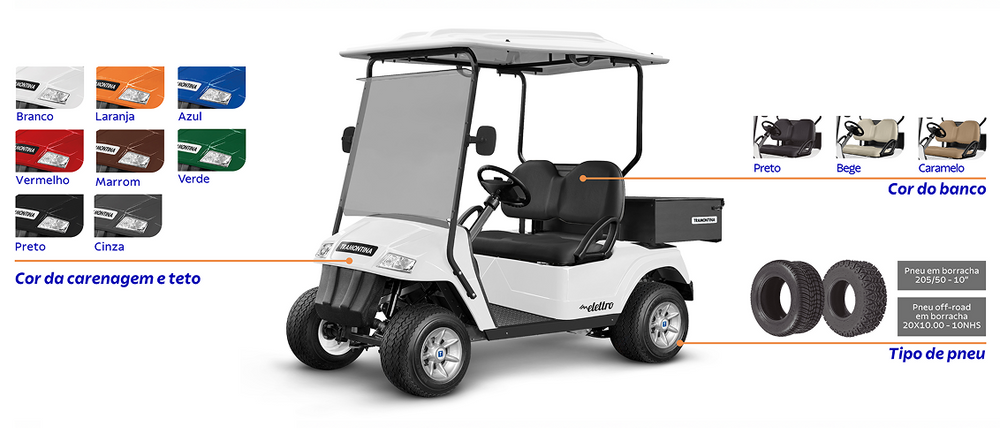 Ilustração de carrinho elétrico Tramontina com opções de personalização, incluindo 8 cores para carroceria e teto, 3 cores para bancos e 2 modelos de pneus.