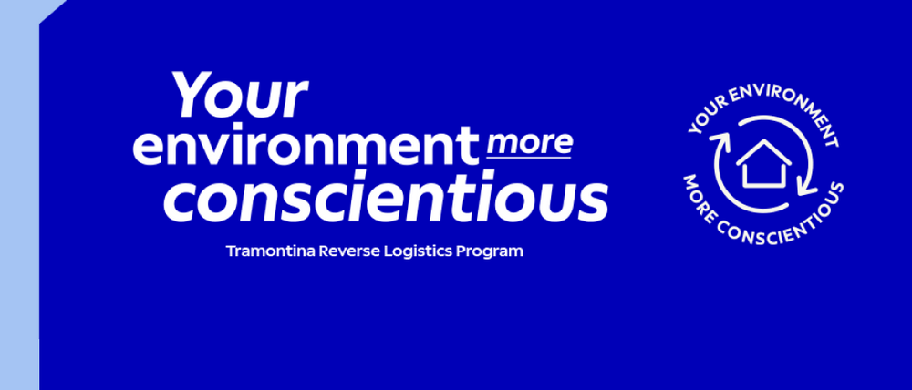 Blue banner featuring the text "Your environment more conscientious" and "Tramontina Reverse Logistics Program". Includes a circular seal with a house icon and recycling arrows on the right.