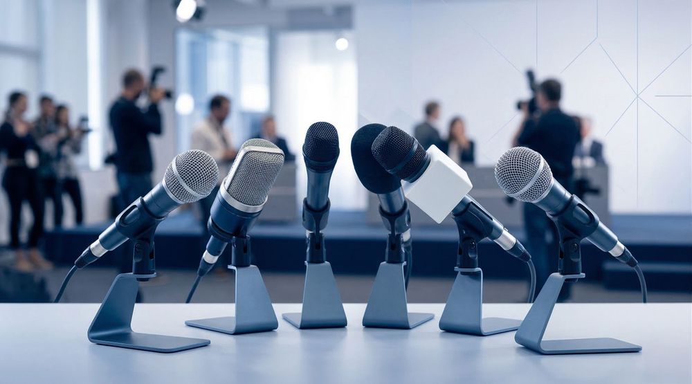 Sessão de microfones em uma sala de conferência com o logo da Tramontina, simbolizando a área de imprensa da marca.
