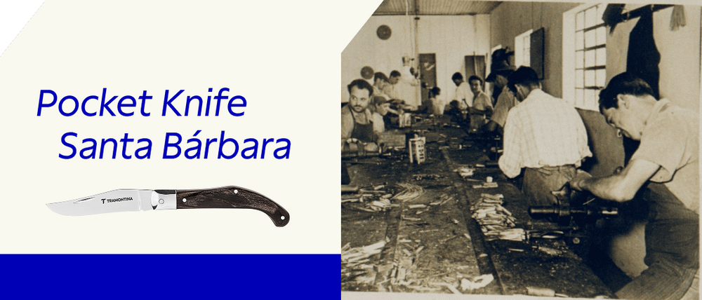 Tramontina Santa Bárbara pocket knife with wood handle displayed next to a vintage black and white photo of traditional knife-making artisans in a workshop.
