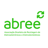Logotipo de ABREE - Asociación Brasileña de Reciclaje de Electroelectrónicos y Electrodomésticos. El logo verde sobre fondo gris oscuro incluye un símbolo de reciclaje circular sobre el nombre de la organización.
