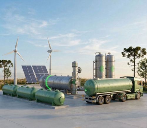 Ilustração digital de uma planta de hidrogênio verde com tanques de armazenamento metálicos e verdes, painéis solares, turbinas eólicas ao fundo e um caminhão tanque, integrada a uma paisagem com araucárias.