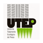 Logotipo da UTEP - Usina de Tratamento Ecológico de Pneus. A imagem mostra a sigla UTEP em preto com um detalhe verde, encimada por desenhos que remetem a rastros de pneus em cinza e elementos verdes na base.