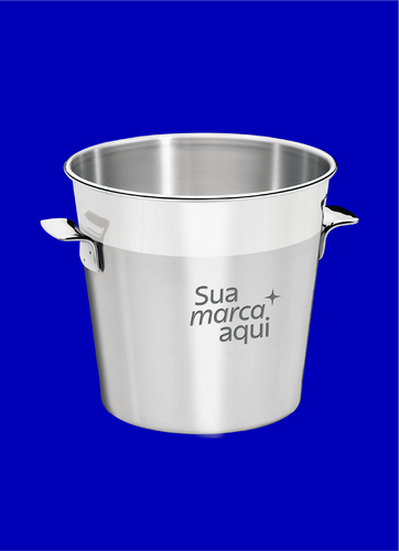 Balde de gelo Tramontina em aço inox com alças laterais, centralizado sobre um fundo azul royal. No corpo do balde, há uma simulação de gravação personalizada com o texto 'Sua marca aqui' e um detalhe de estrela.