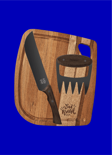 Kit de churrasco Tramontina sobre fundo azul. Inclui uma tábua de madeira personalizada com a frase 'Vai Brasil', uma faca de lâmina preta com a gravação 'Rumo ao Hexa' e uma garra de urso para desfiar carne. Todos os itens possuem cabos de madeira escura