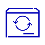 Ícone azul em linhas finas representando uma caixa ou embalagem com o símbolo de reciclagem (duas setas em círculo) ao centro.