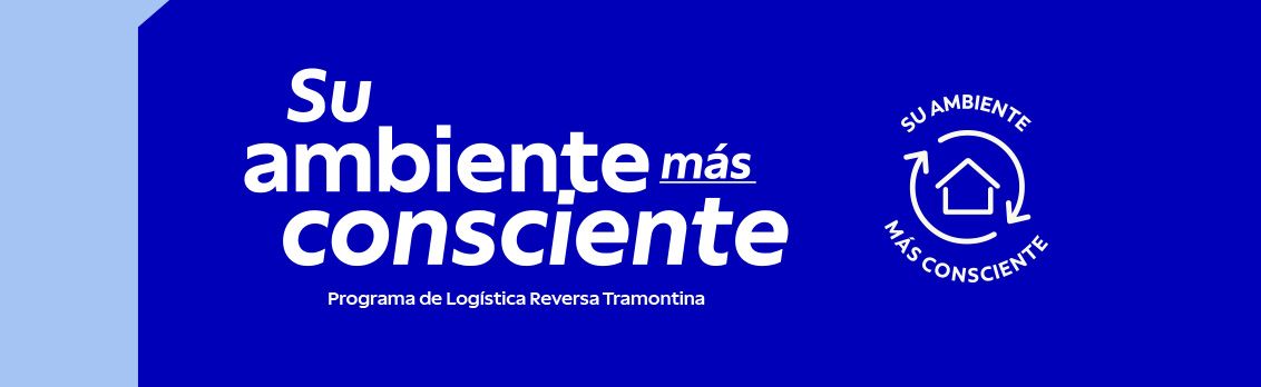 Banner azul del programa de sostenibilidad de Tramontina. El texto principal dice 'Su ambiente más consciente - Programa de Logística Reversa Tramontina'. A la derecha, un sello circular con el ícono de una casa y flechas de reciclaje con el mismo lema de