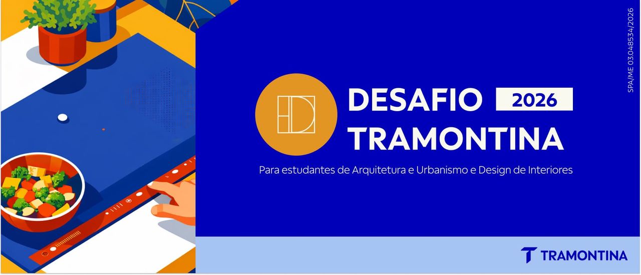 Banner ilustrativo do Desafio Tramontina 2026. À esquerda, uma ilustração estilizada de uma pessoa utilizando o cooktop por indução Tramontina Guru. À direita, sobre um fundo azul, o texto: 'Desafio 2026 Tramontina - Para estudantes de Arquitetura e Urban